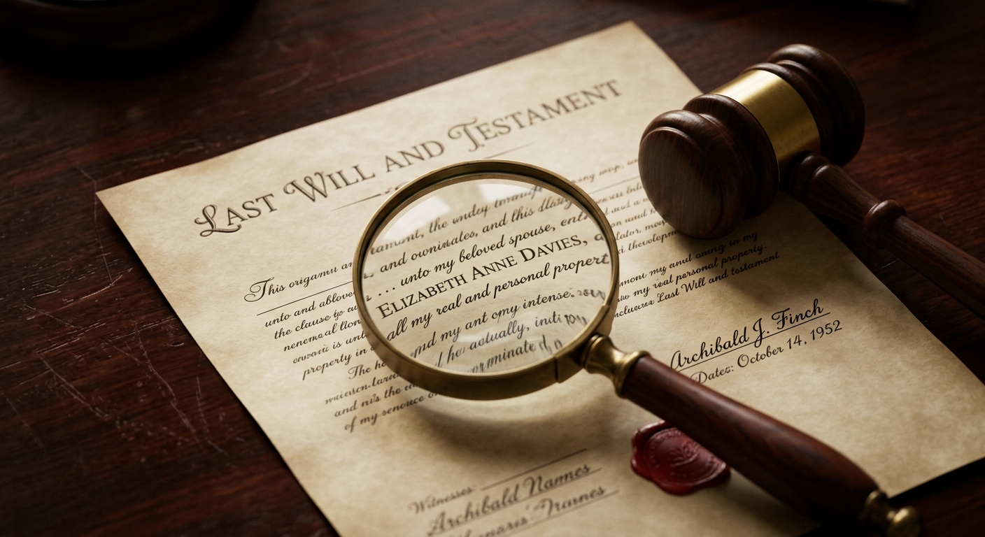 מסמך צוואה וירושה (Last Will and Testament) מונח על שולחן עץ, לצד פטיש שופט, חותמת שעווה אדומה, וזכוכית מגדלת הבוחנת את סעיפי המסמך.